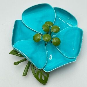 Vintage Enamel Flower Power Brooch Blue Green Turquoise Floral Pin 60s